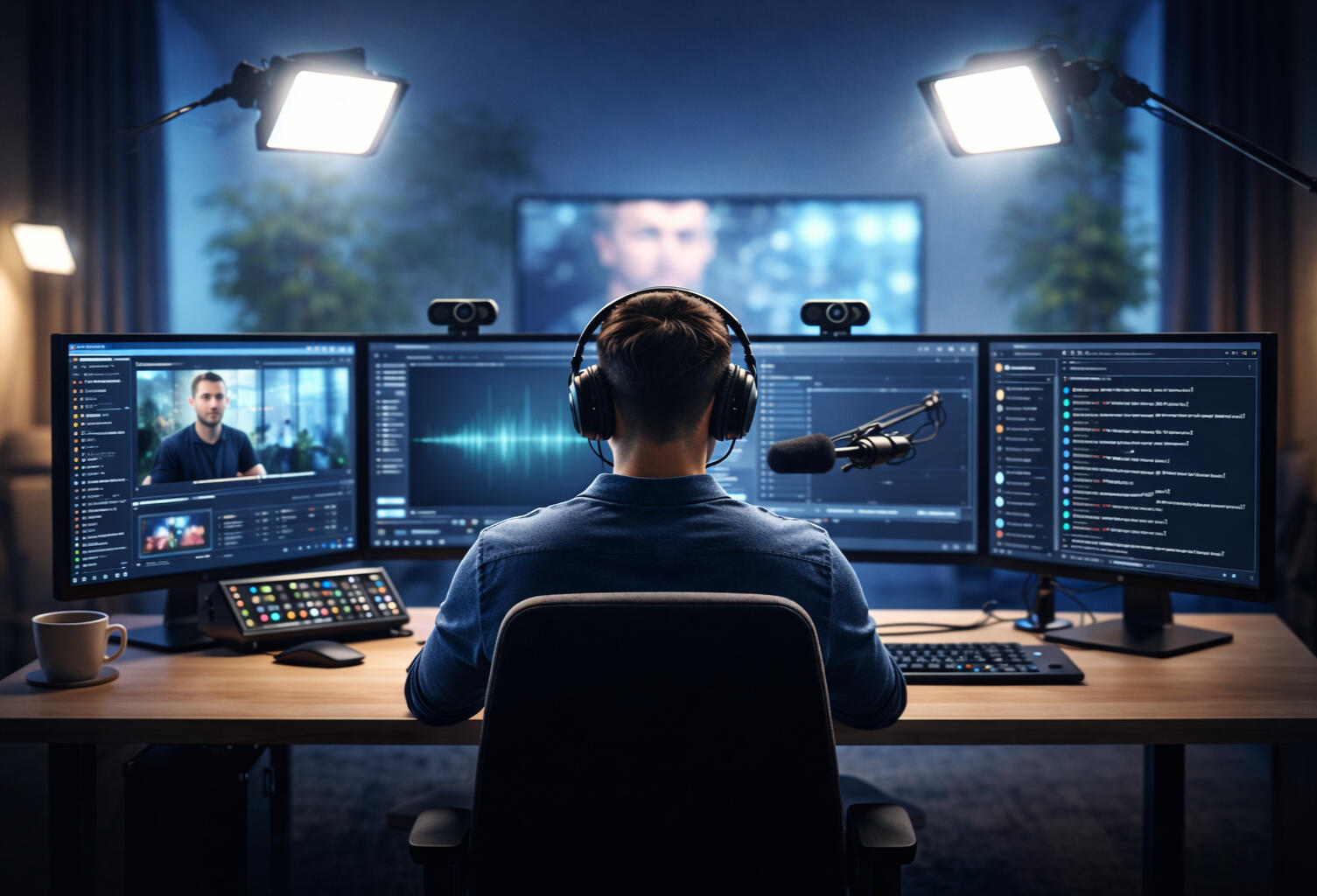 Multi-monitor streaming setup with cameras, lighting, and recording equipment